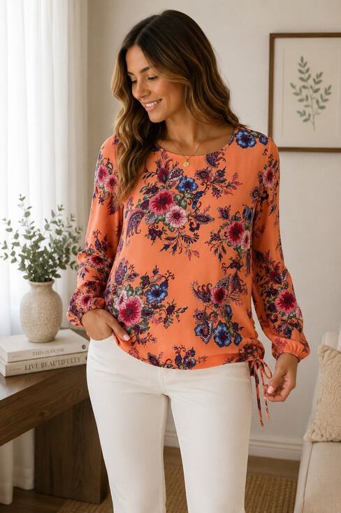 Counterparts Tops - Counterparts Floral Ruched Long Sleeve Blouse Peach Pink Medium